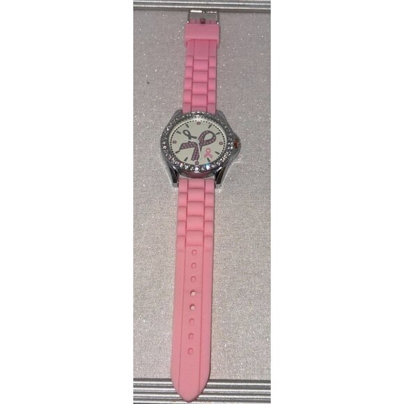 Pink Ribbon Breast Cancer Awareness Watch Rhinestone Bezel & Pink Silicone Strap - Picture 1 of 4